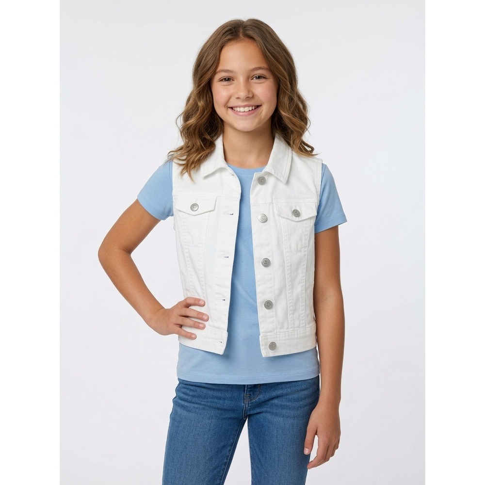 Cherokee Girls White Denim Vest Size XL 14/16 Button‎ Front Stretch Jean Jacket